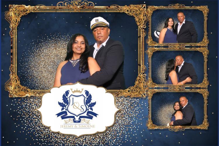 Elegant wedding photo booth print with blue and gold frame